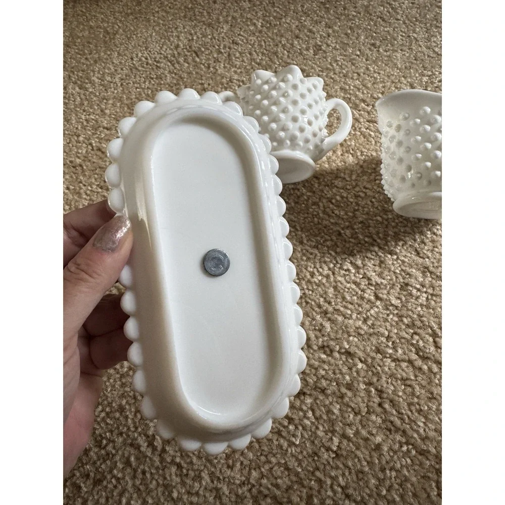 Fenton Hobnail Milk Glass Sugar Bowl and Creamer Set With Tray Vintage